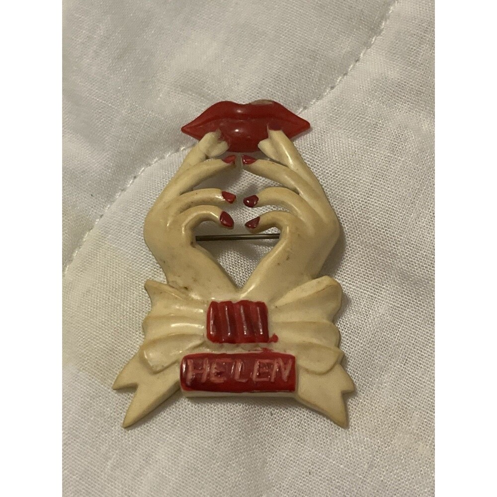 Vintage 1940s REVLON Celluloid Hands Lip Heart Bow Promotional Brooch Pin